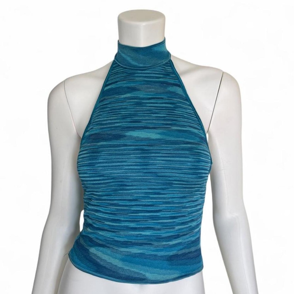 Zara Teal Space Dye Knit Halter Top Y2K High Neck Open Back XS Zara teal